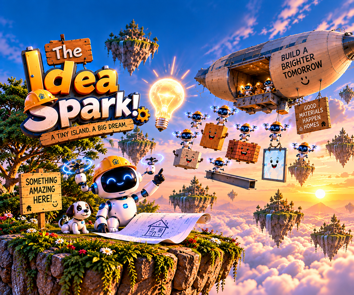 Cheerful construction robots building a bright dream home among floating islands at sunset