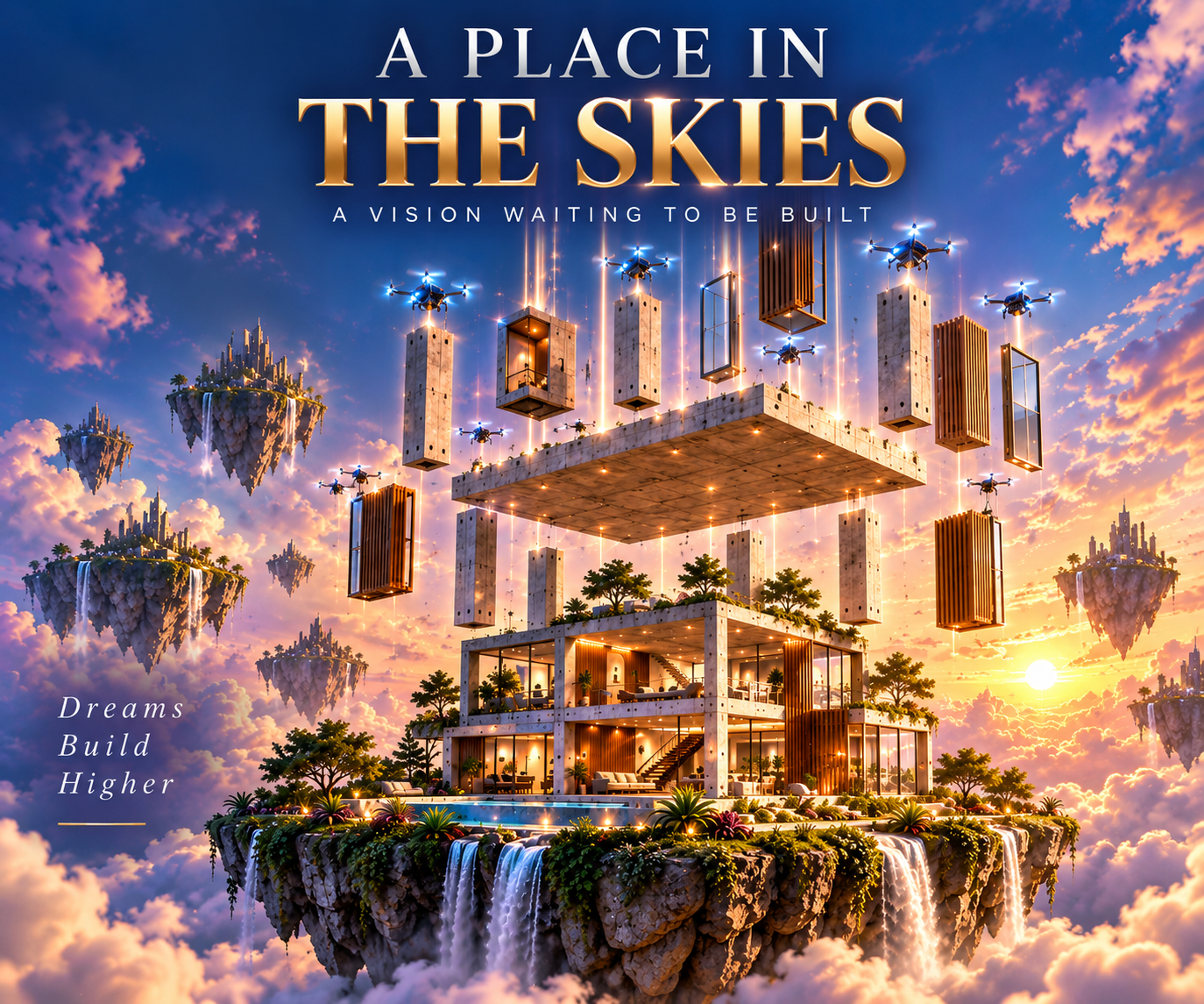 Modern home assembling piece by piece above the clouds on a floating island